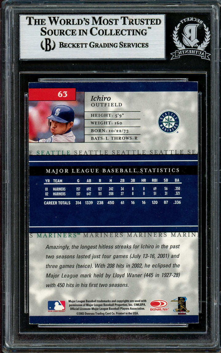 Ichiro Suzuki Signed 2003 Donruss Elite Card 63 Mariners Beckett #12785973