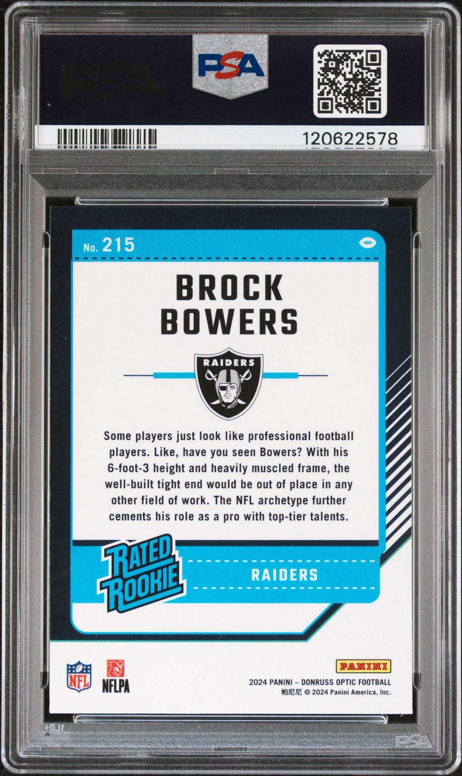 Graded 2024 Panini Donruss Optic Brock Bowers #215 Rookie Football Card PSA 10