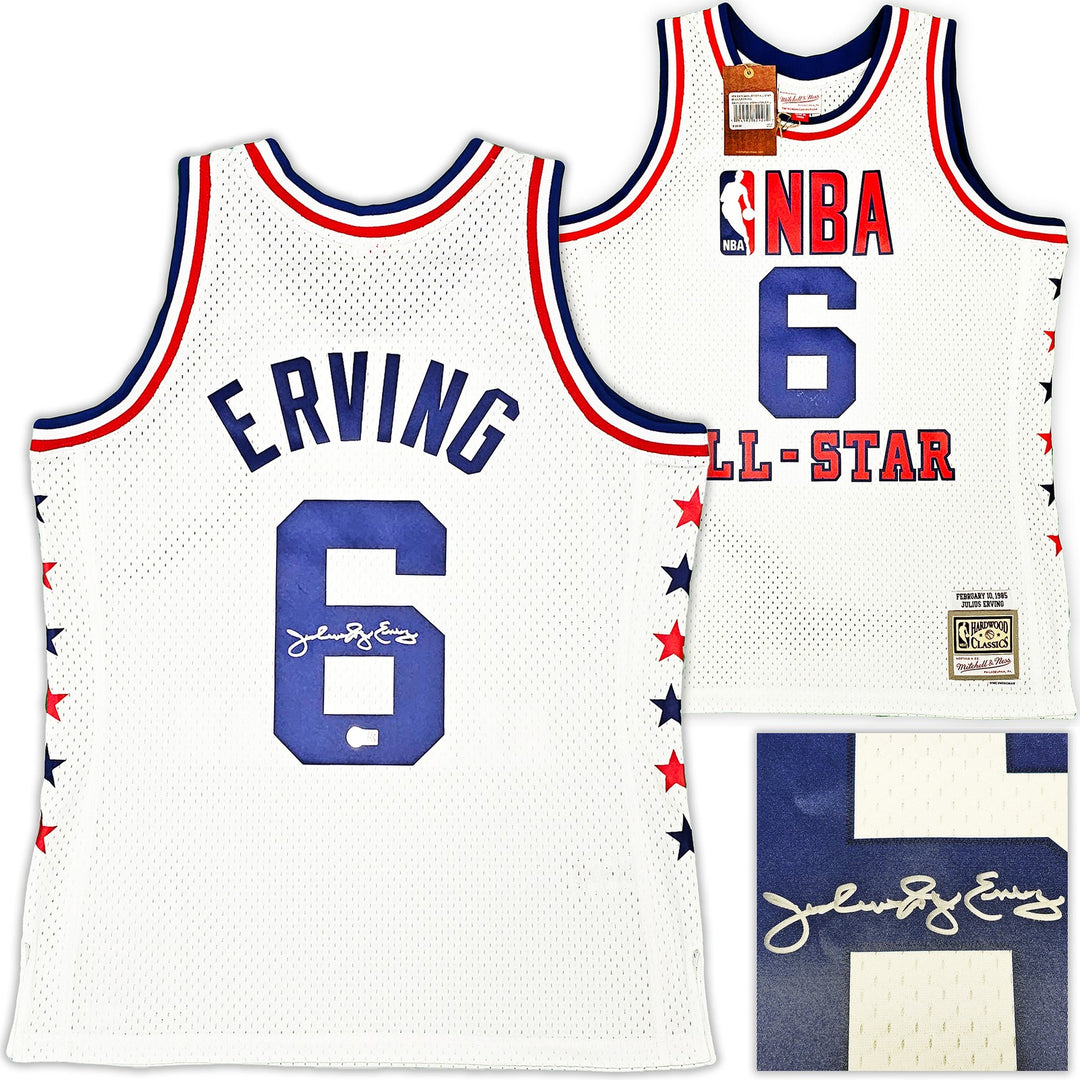 76ers Julius Dr J Erving Auto White Mitchell Ness 1985 Swingman AS Jersey L BAS