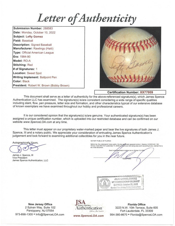 Lefty Gomez signed ROAL Rawlings OFC American League Baseball toned- JSA LOA