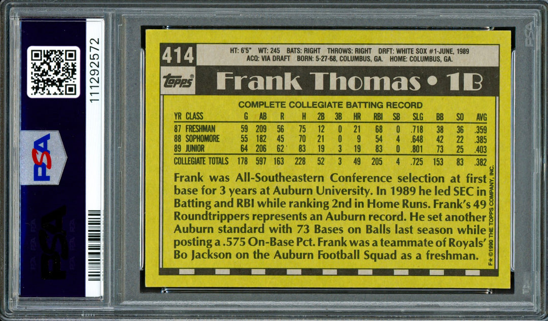 Frank Thomas Signed 1990 Topps RC 414 Chicago White Sox PSA 7 Auto GM 10 PSA/DNA