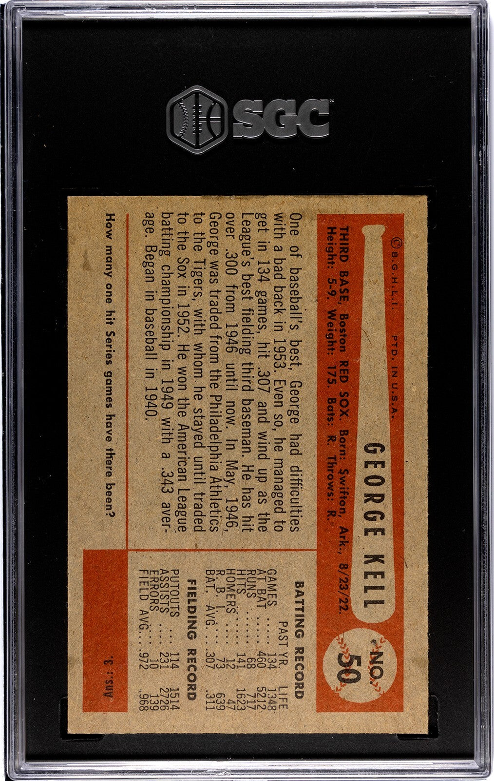 George Kell 1954 Bowman Baseball Card #50- SGC Graded 4.5 VG-EX+ Boston Red Sox
