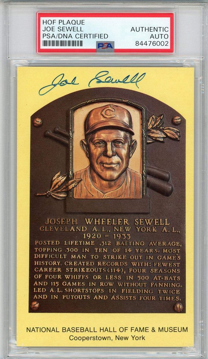 Joe Sewell Autographed Hall of Fame Plaque Card (PSA)
