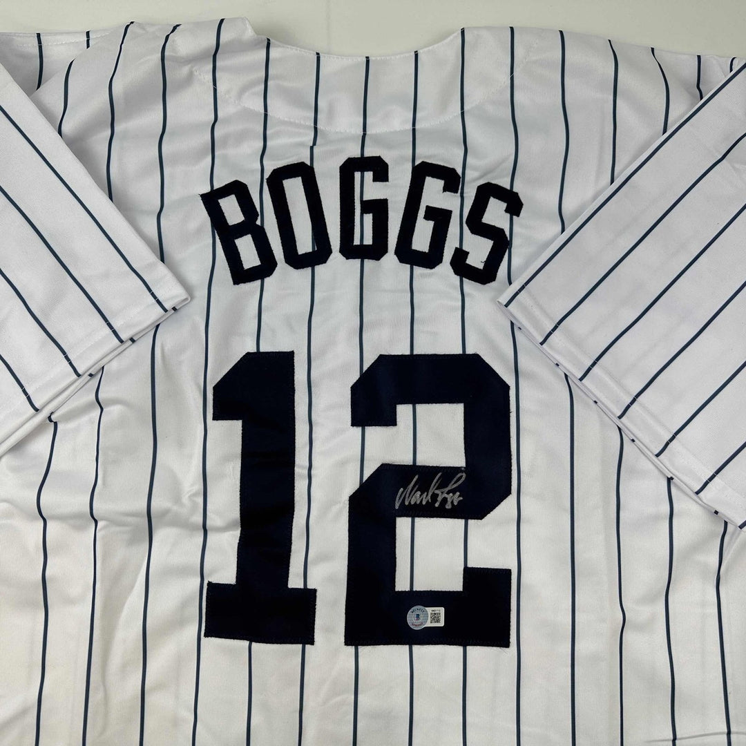 Autographed/Signed Wade Boggs New York Pinstripe Jersey Beckett BAS COA