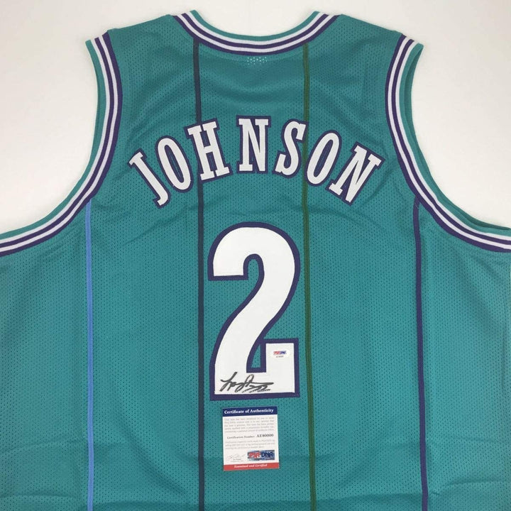 Autographed/Signed Larry Johnson Charlotte Teal Jersey PSA/DNA COA