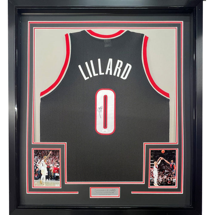 Framed Signed Damian Lillard 35x39 Portland Black Jersey JSA COA