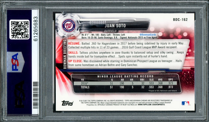 Juan Soto Signed 2017 Bowman Draft Chrome RC BDC162 New York Mets PSA 9 PSA/DNA