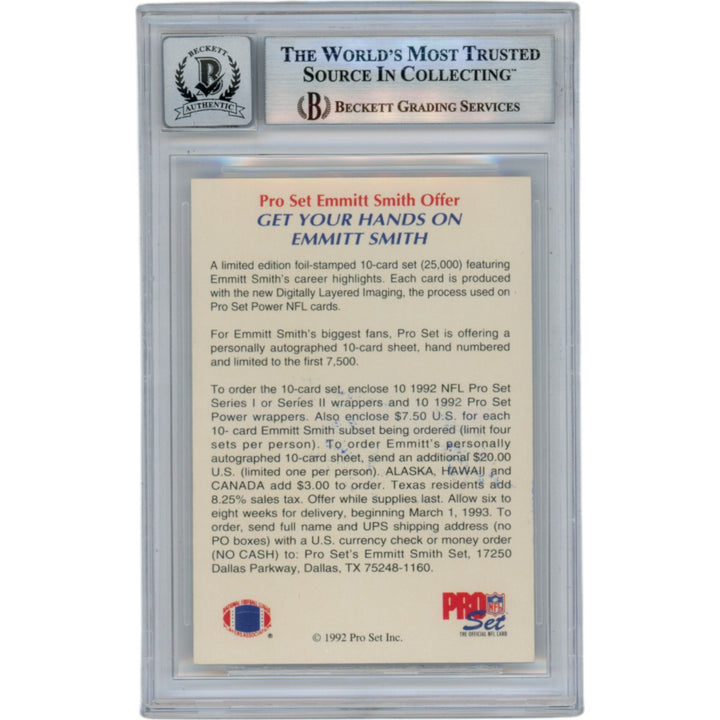 Emmitt Smith Autographed/Signed 92 Pro Set Power 10 Auto Card Slab Beckett 49945