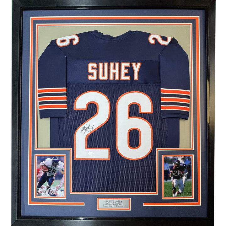 Framed Autographed/Signed Matt Suhey Chicago 35x39 Blue Jersey JSA COA