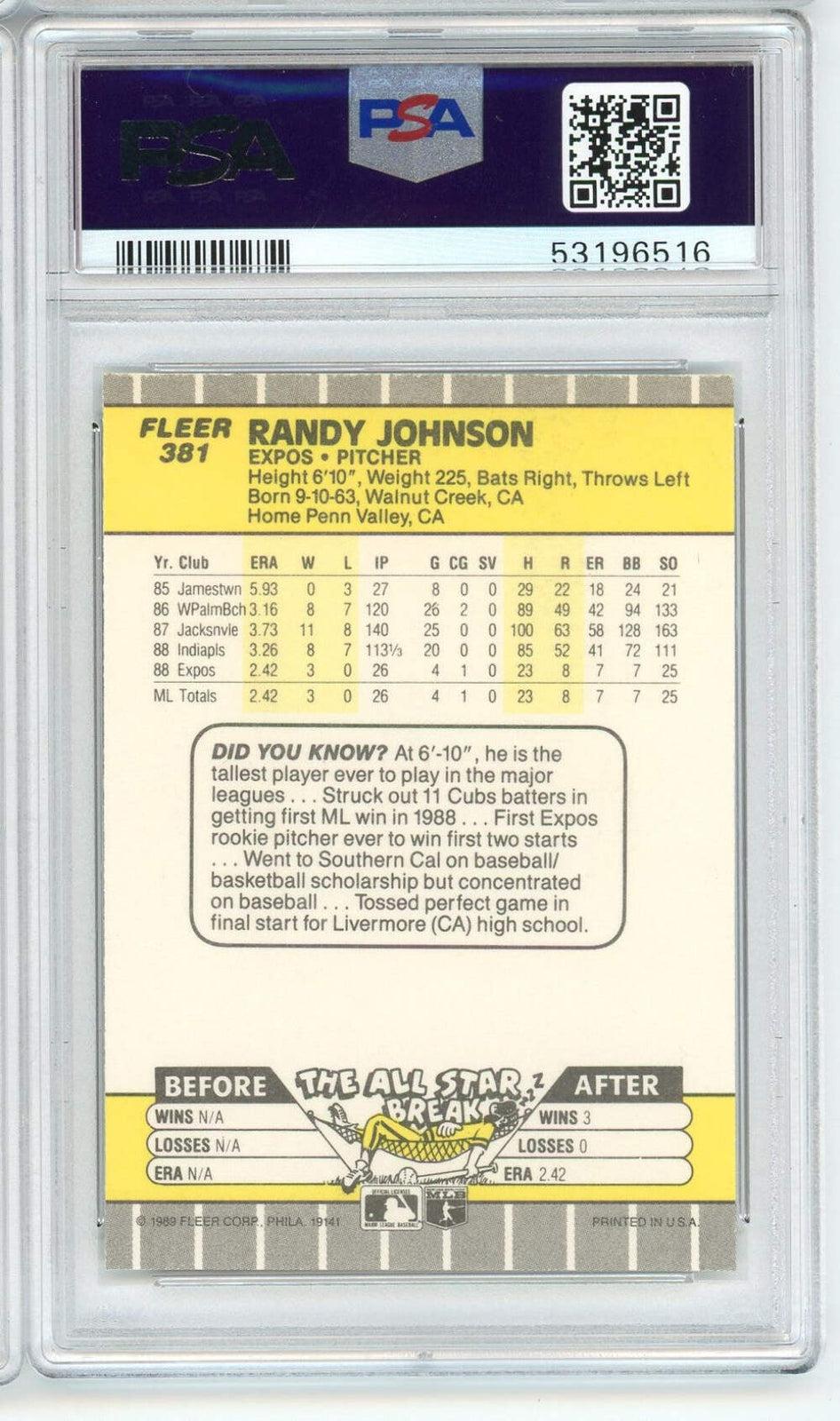 Graded 1989 Fleer Randy Johnson #381 Rookie RC Baseball Card PSA 9 Mint