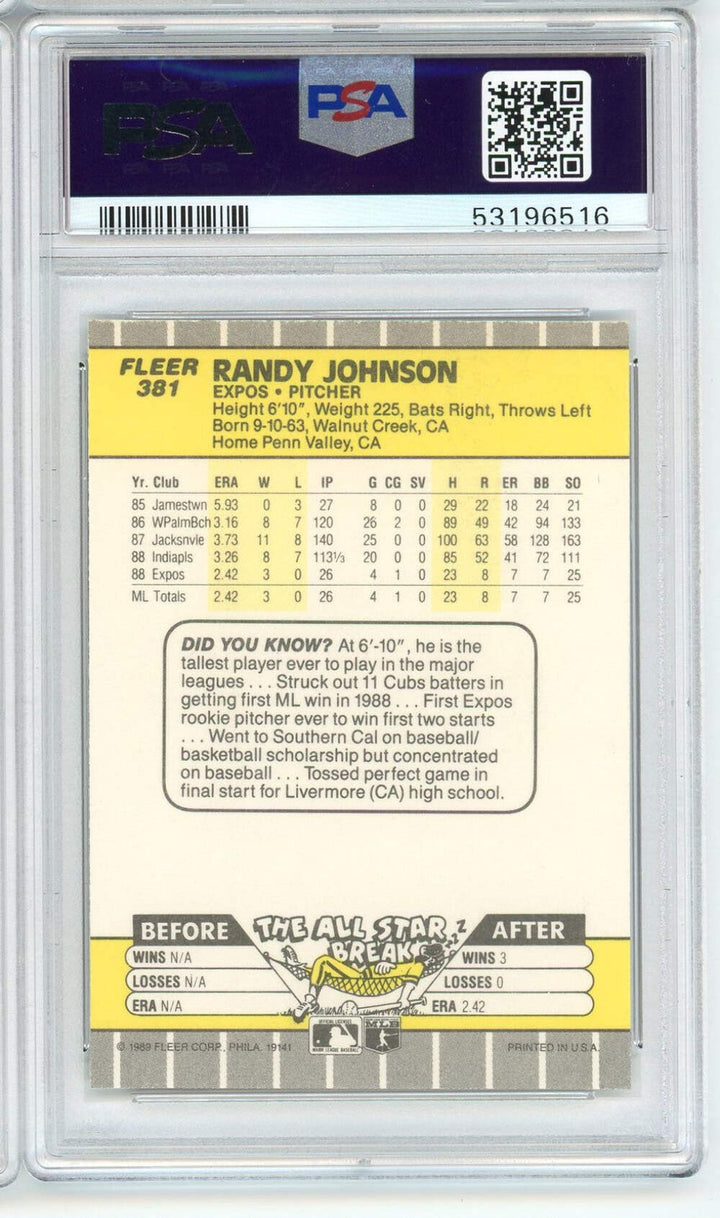 Graded 1989 Fleer Randy Johnson #381 Rookie RC Baseball Card PSA 9 Mint