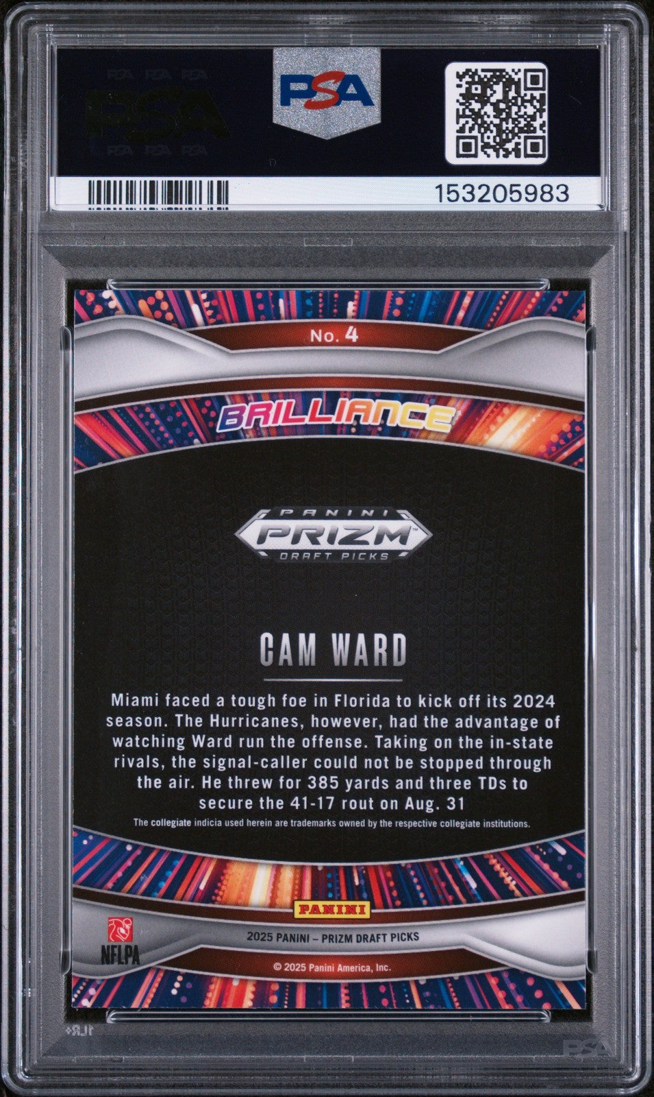 Graded 2025 Panini Prizm DP Cam Ward #4 Brilliance Rookie RC Card PSA 10