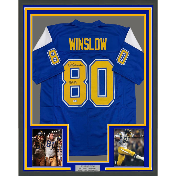 Framed Autographed/Signed Kellen Winslow 35x39 Chargers Blue Jersey BAS COA
