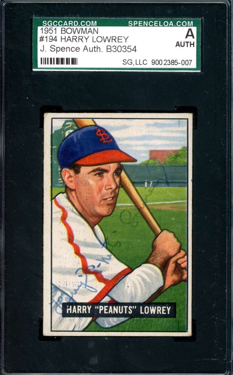 Harry Peanuts Lowrey SGC Coa Signed 1951 Bowman Rookie Autograph