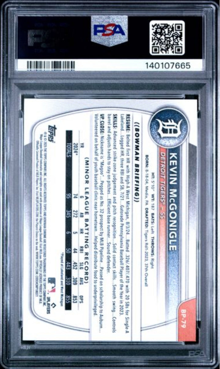 Graded 2025 Bowman Kevin McGonigle #BP79 Paper Prospects RC Baseball Card PSA 9