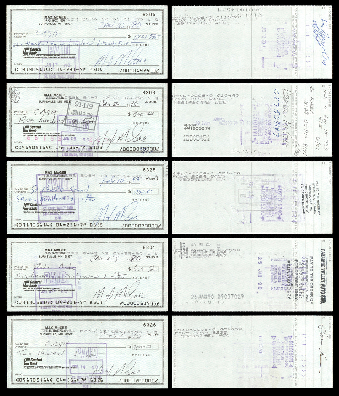 Max McGee Autographed Signed 2.75x6 Check Lot of 20 Green Bay Packers 174044