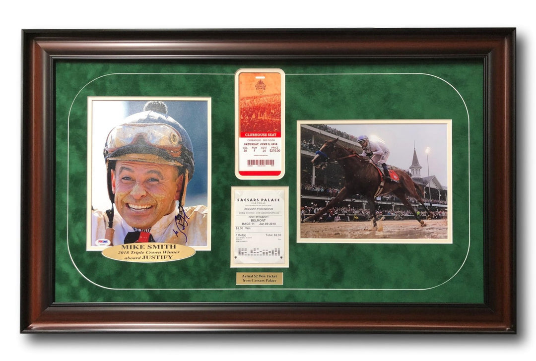 Mike Smith Triple Crown Framed Signed 8x10 Photo Justify COA PSA/DNA w/ Ticket