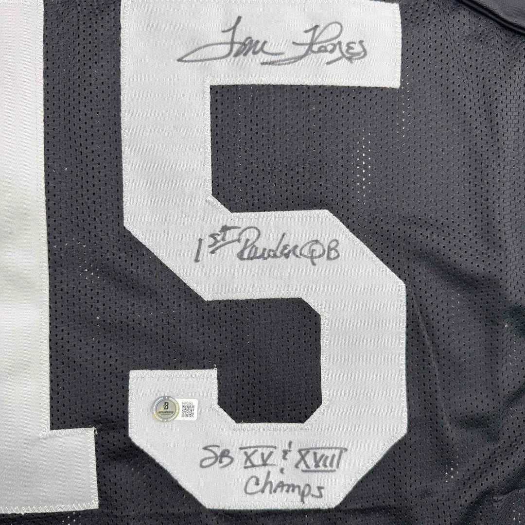 Autographed/Signed Tom Flores Las Vegas Oakland Black Jersey Beckett BAS COA