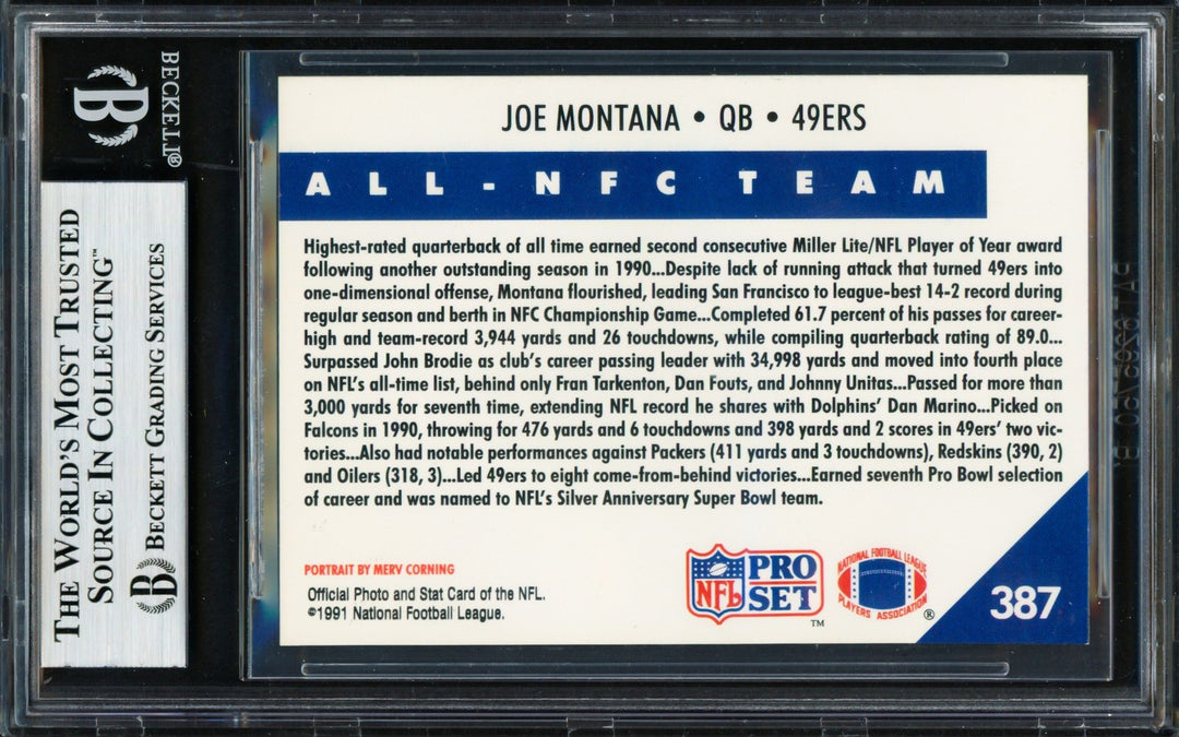Joe Montana Signed 1991 Pro Set Card 387 San Francisco 49ers Beckett