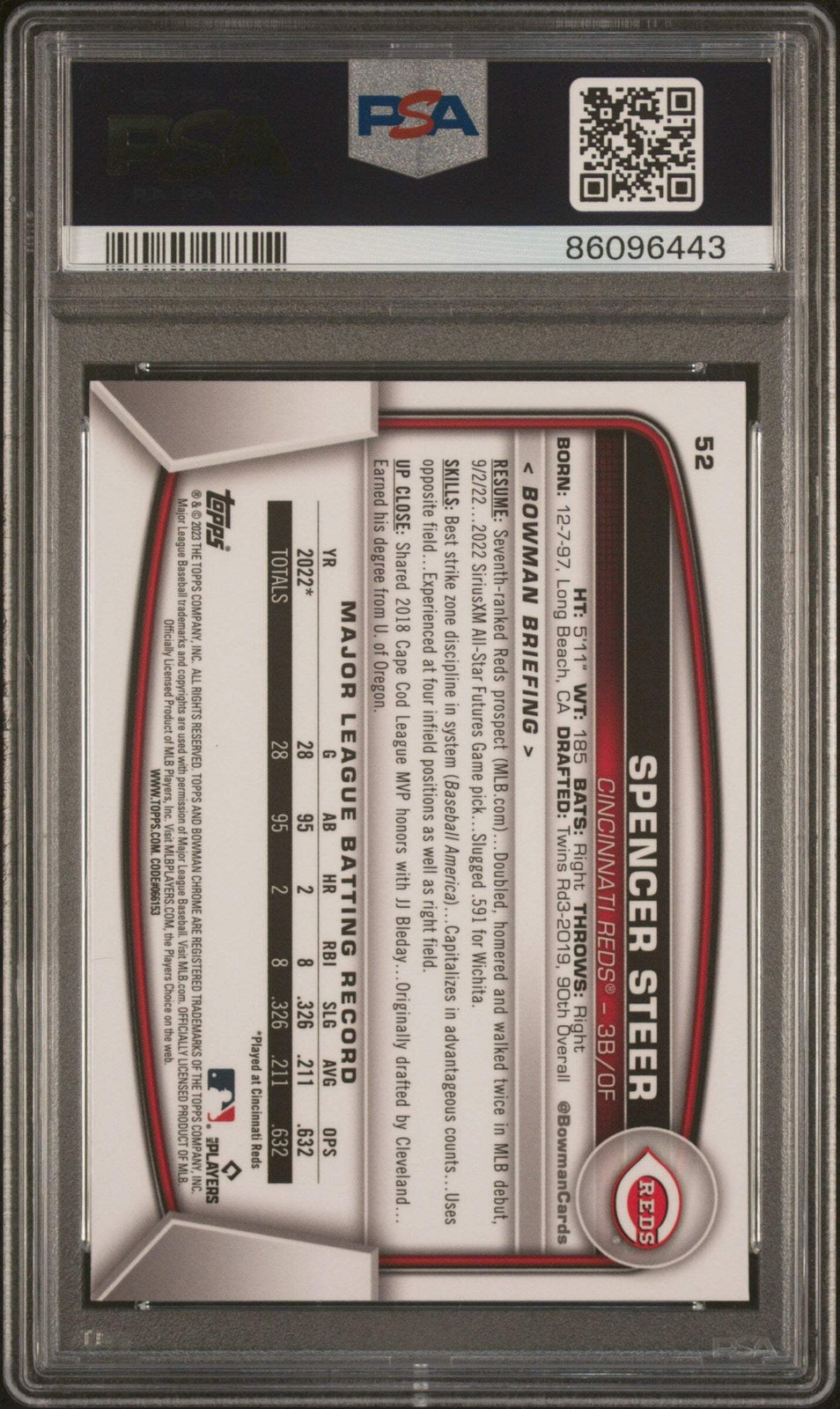 Graded 2023 Topps Bowman Chrome S/E Spencer Steer #52 RC Baseball Card PSA 10