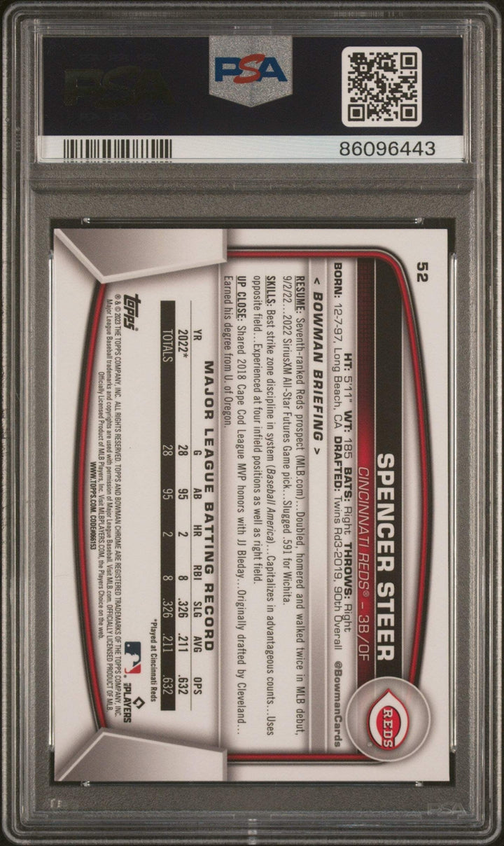 Graded 2023 Topps Bowman Chrome S/E Spencer Steer #52 RC Baseball Card PSA 10
