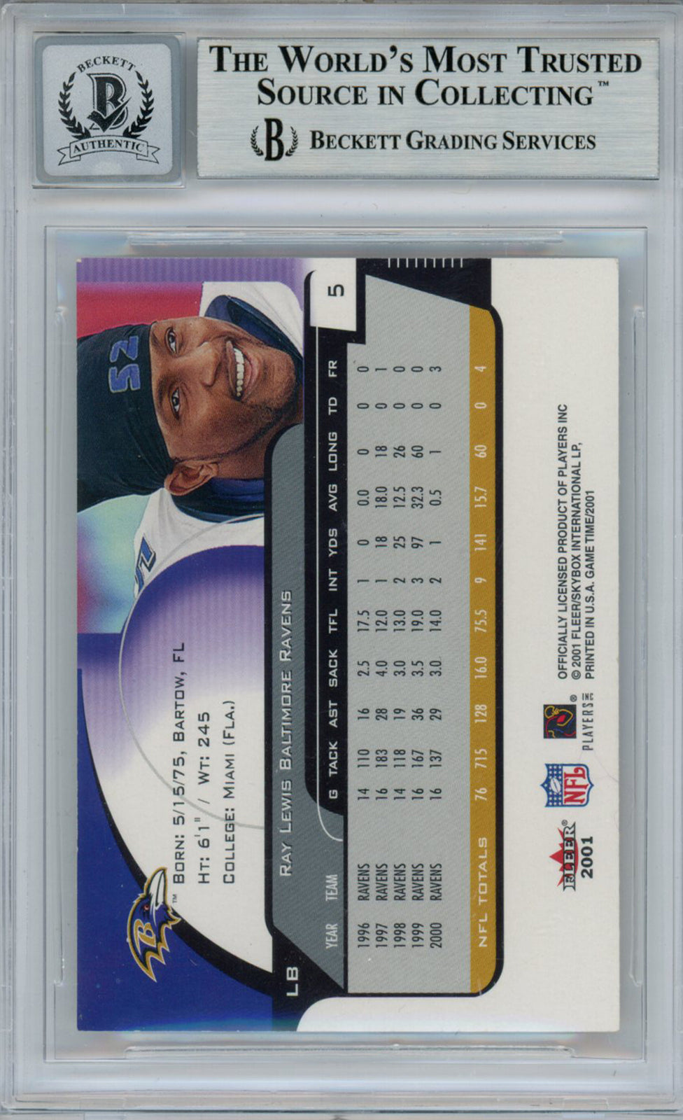 Ray Lewis Signed 2001 Fleer Game Time #5 Trading Card Beckett 10 Slab 35263