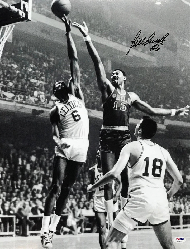 Bill Russell Autographed Blocking Chamberlain 16x20 Photo