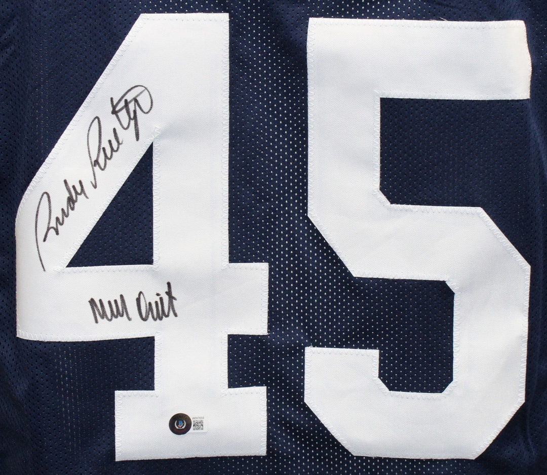 Rudy Ruettiger Autographed College Style Blue Jersey XL Insc. Beckett 41171