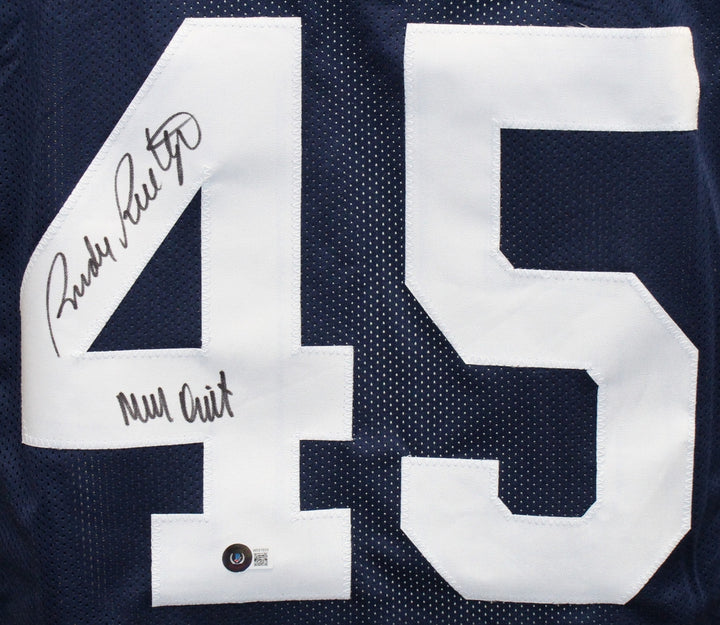 Rudy Ruettiger Autographed College Style Blue Jersey XL Insc. Beckett 41171