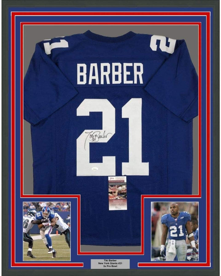 Framed Autographed/Signed Tiki Barber 35x39 New York Blue Jersey JSA COA