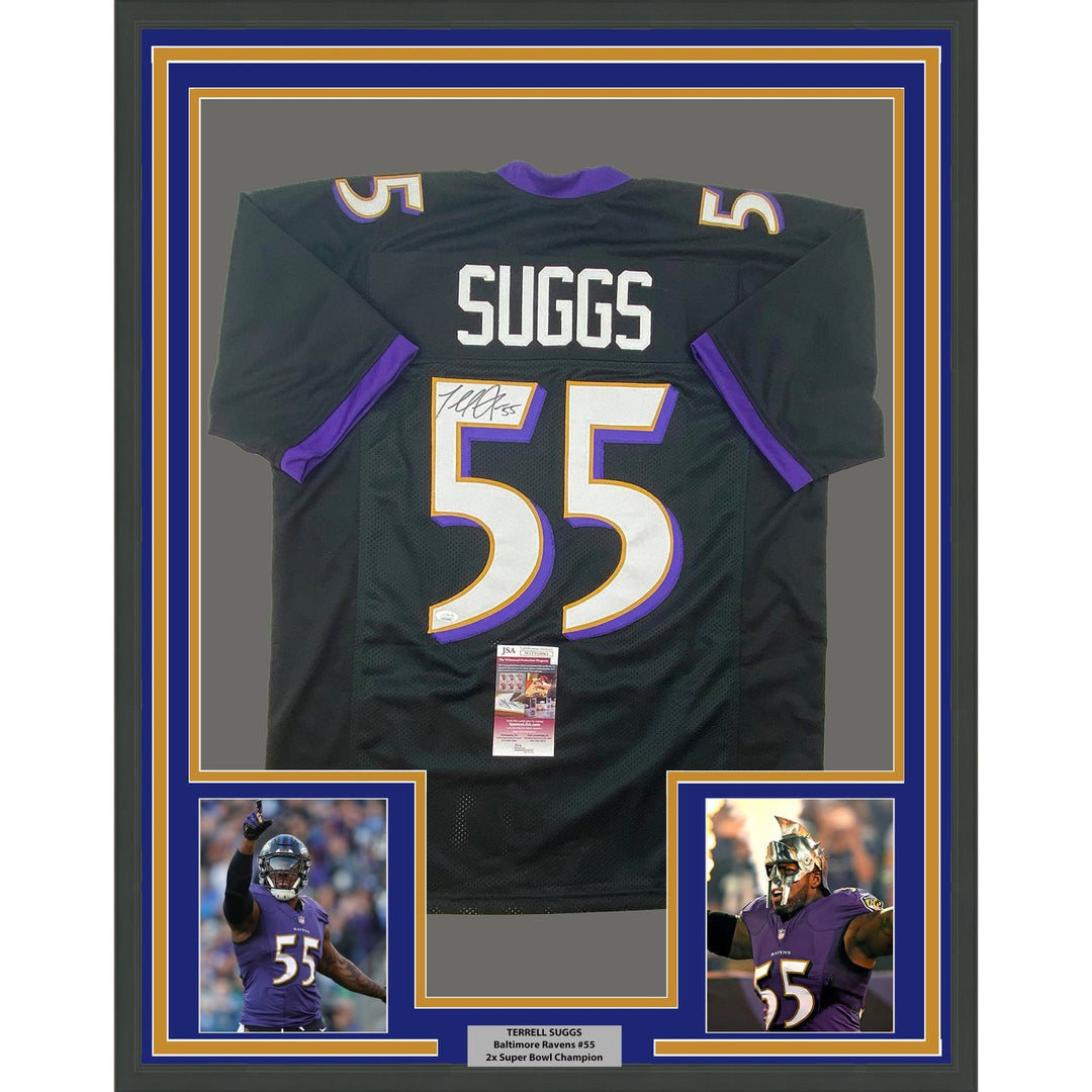 Framed Signed Terrell Suggs 35x39 Baltimore Black Jersey JSA COA