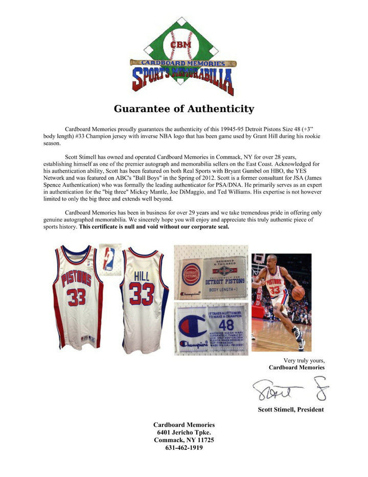Grant Hill Detroit Pistons game used 1994-95 Rookie Jersey +3 tag Inverse Logo