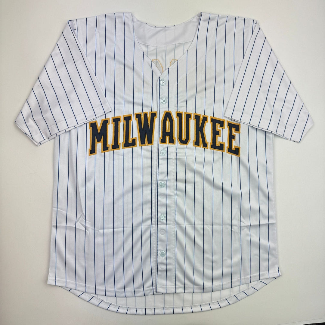 Autographed/Signed Brice Turang Milwaukee Pinstripe Baseball Jersey BAS COA