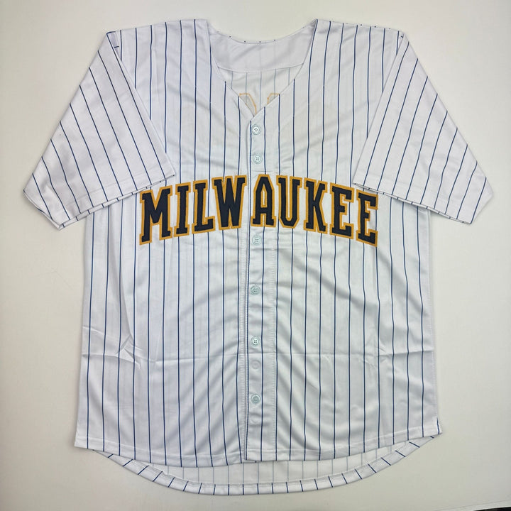 Autographed/Signed Brice Turang Milwaukee Pinstripe Baseball Jersey BAS COA
