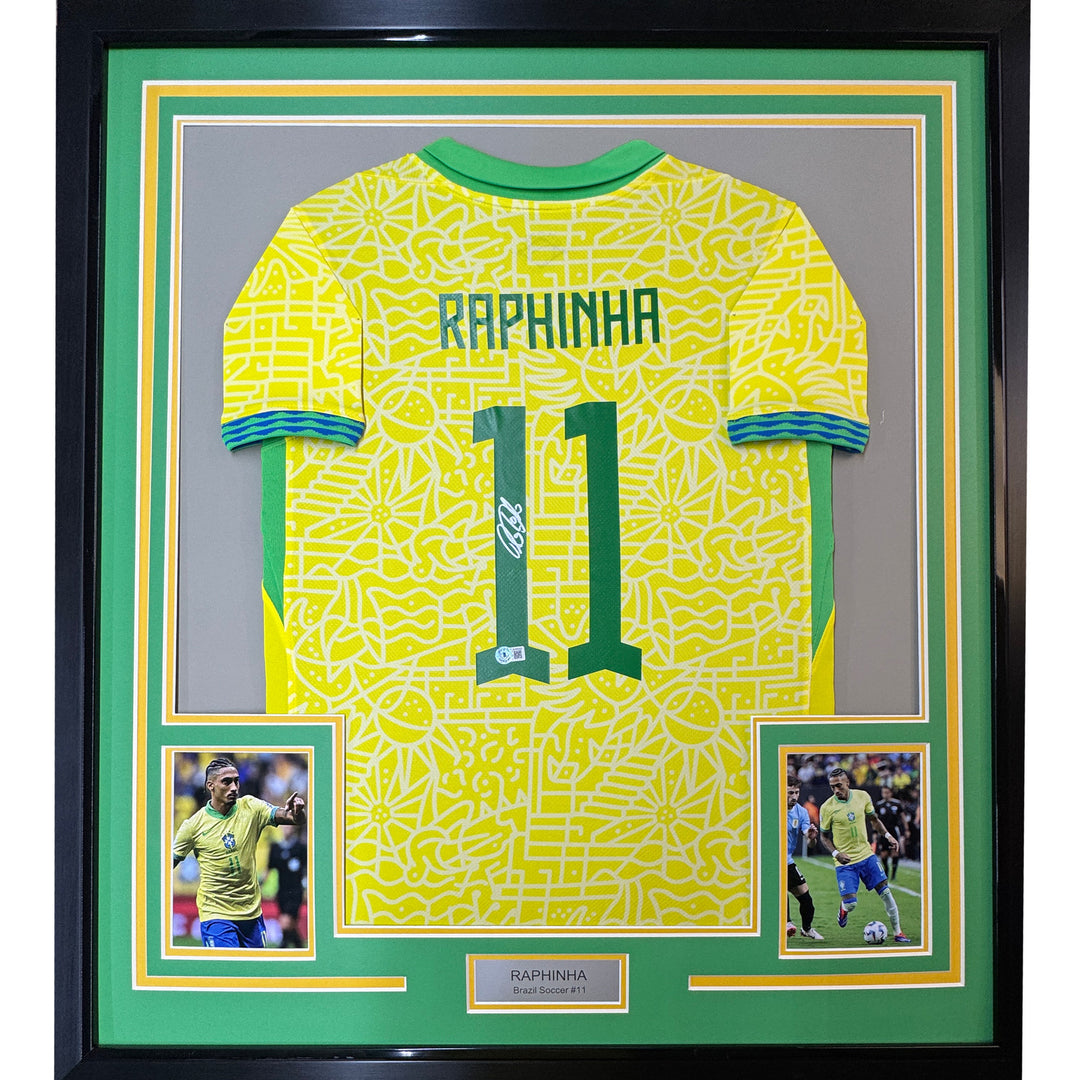Framed Autographed/Signed Raphinha Raphael 35x39 Brazil Yellow Jersey BAS COA