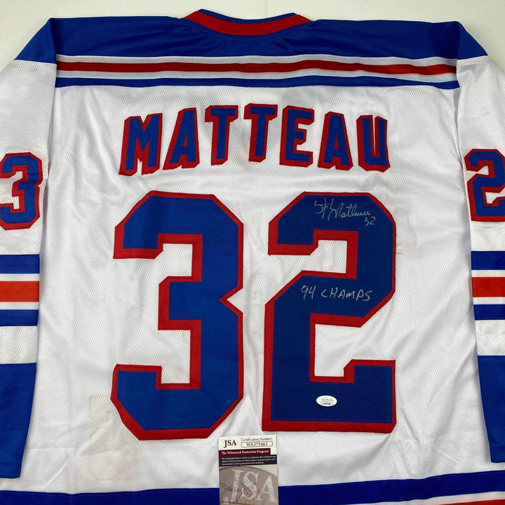Autographed/Signed Stephane Matteau 94 Champs New York White Jersey JSA COA