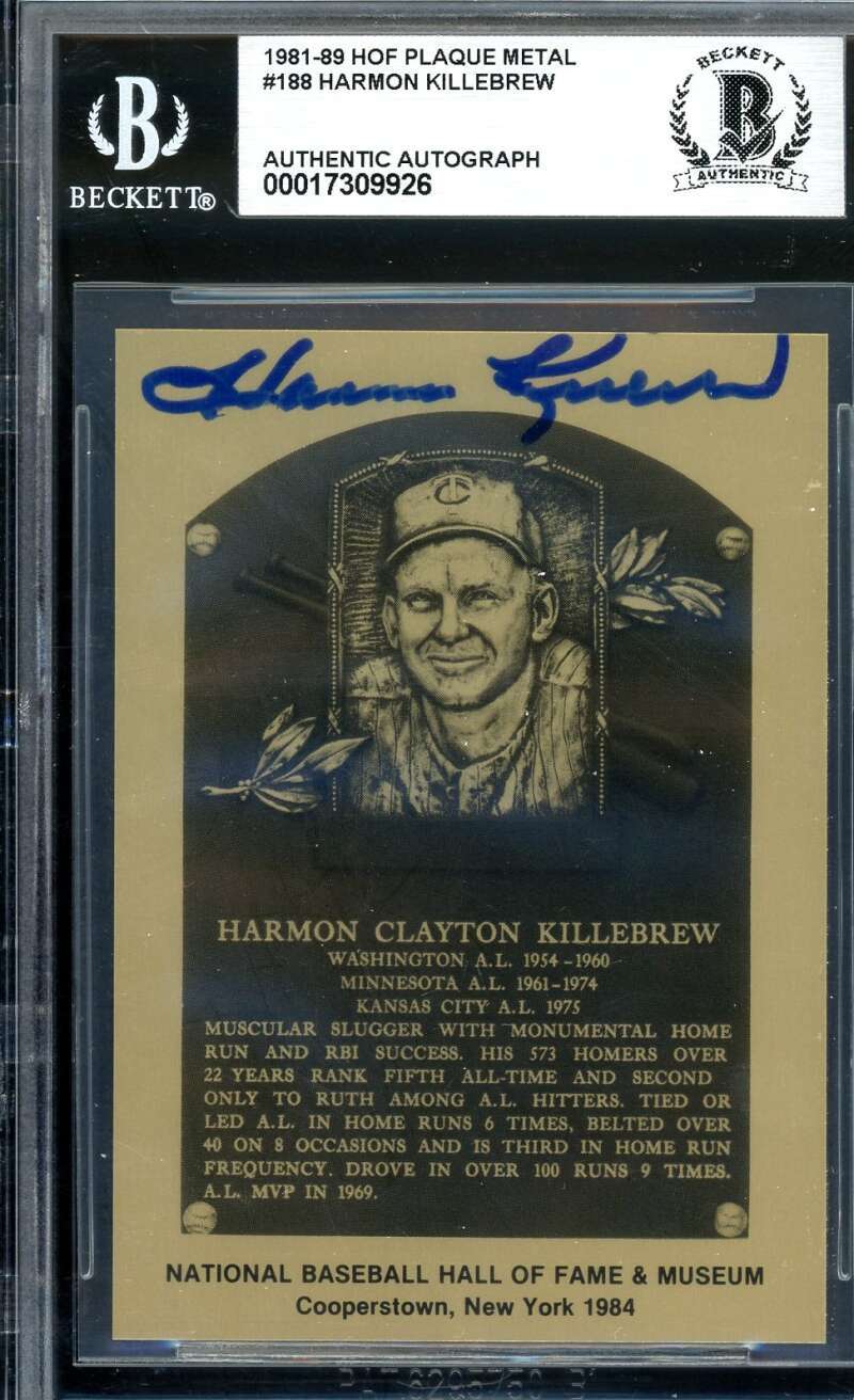 Harmon Killebrew Beckett BAS Signed 1981 HOF Metallic Hall Of Fame Plaque Auto
