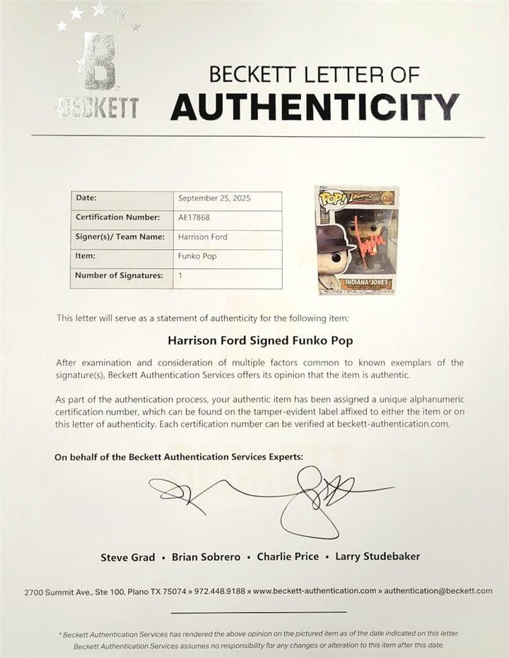 Harrison Ford signed Indiana Jones Funko Pop Figure 1350 autograph ~ Beckett BAS
