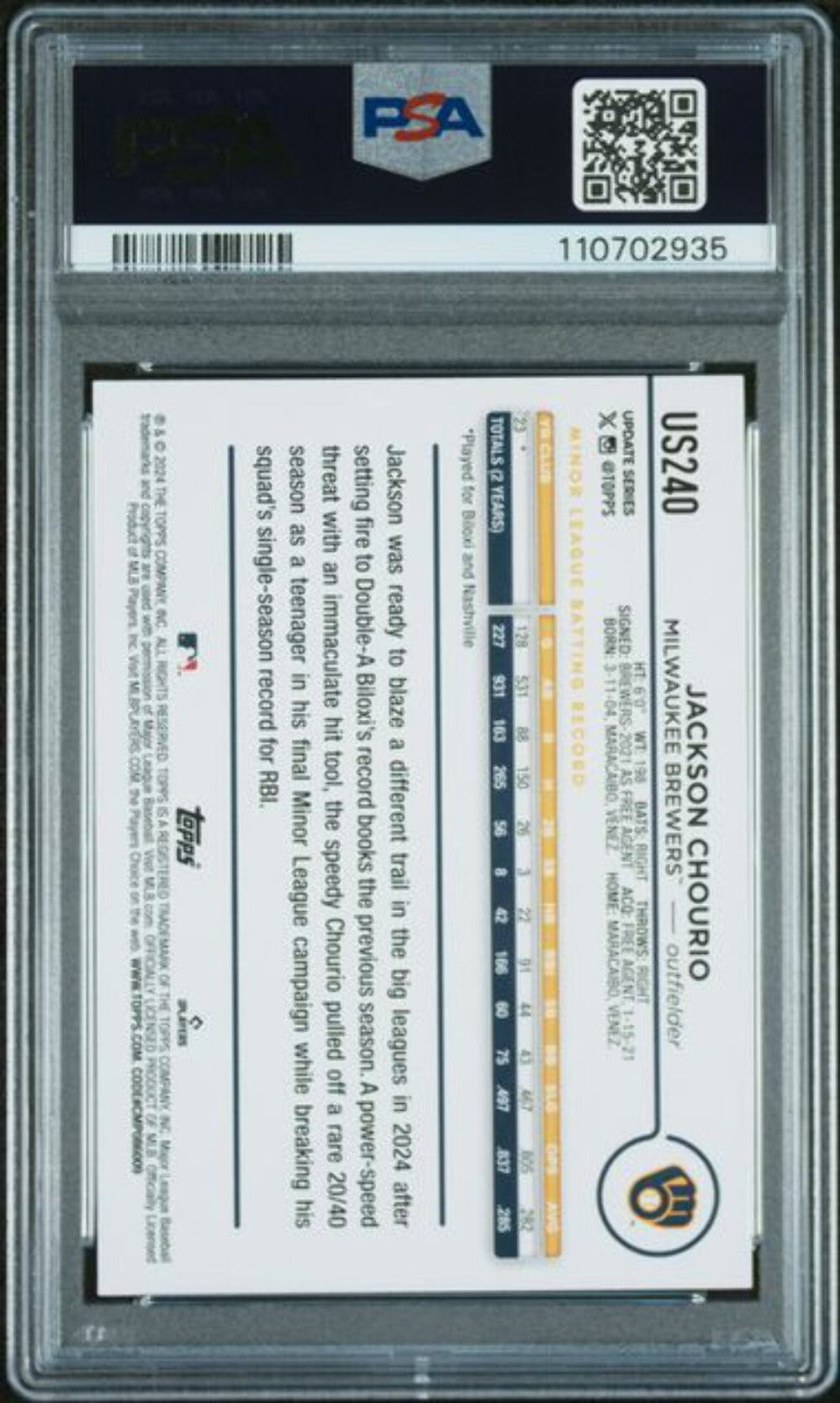 Graded 2024 Topps Update Jackson Chourio #US240 Rookie RC Baseball Card PSA 10