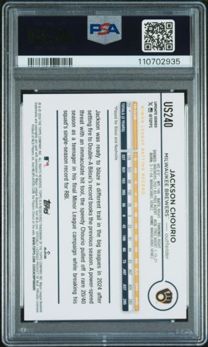 Graded 2024 Topps Update Jackson Chourio #US240 Rookie RC Baseball Card PSA 10