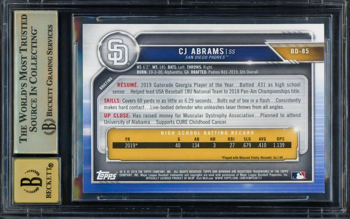 CJ Abrams Signed 2019 Bowman Draft RC BD85 Nationals BGS 9.5 Auto GM 10 Beckett