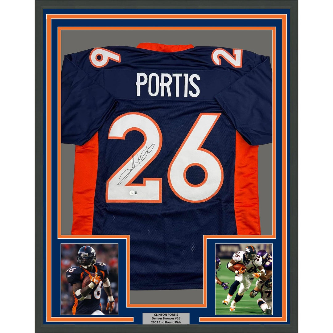 Framed Autographed/Signed Clinton Portis 35x39 Denver Blue Jersey BAS COA