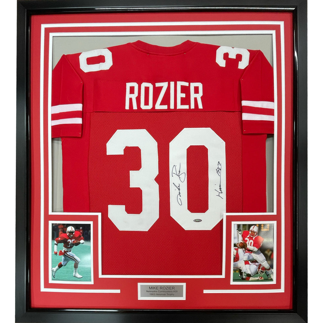Framed Autographed/Signed Mike Rozier 33x42 Heisman 1983 Red Jersey JSA COA