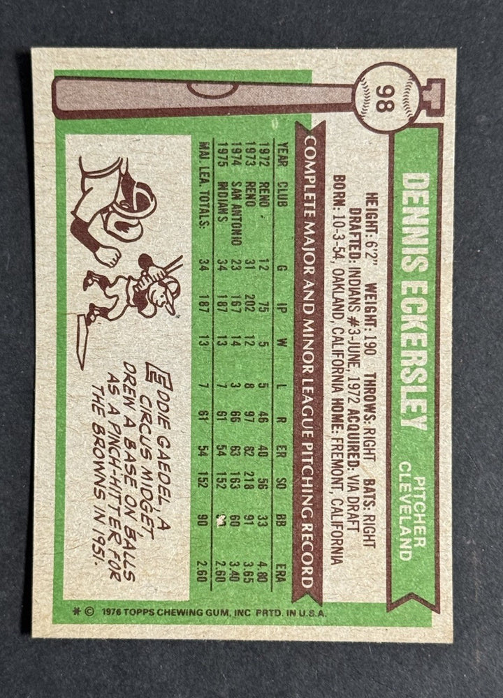 1976 TOPPS #98 DENNIS ECKERSLEY  ROOKIE DEAD CENTERED WOW Near Mint Nm HOF