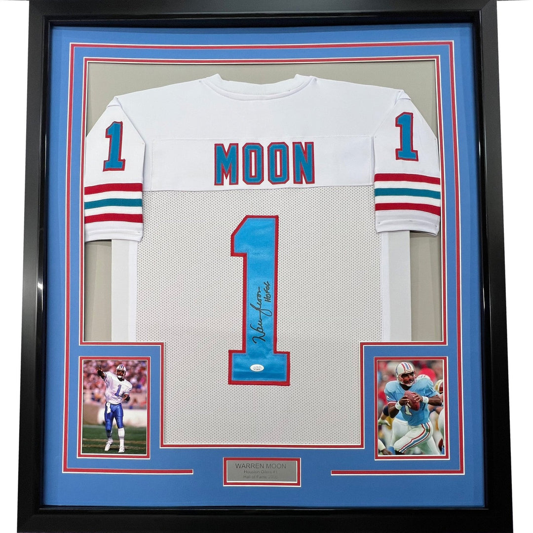 Framed Signed Warren Moon 35x39 HOF 06 Houston White Jersey JSA COA