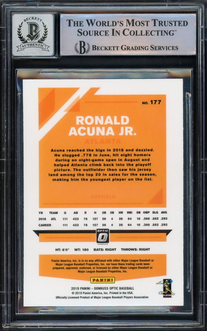 Ronald Acuna Jr. Signed 2019 Donruss Optic Card 177 Braves Auto 10 Beckett