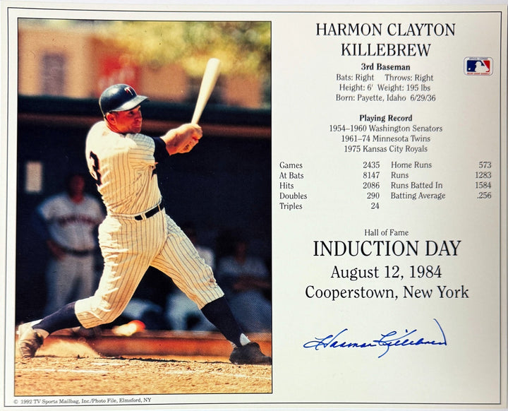 Harmon Killebrew signed Minnesota Twins Hall of Fame Induction 8x10 Photo - COA