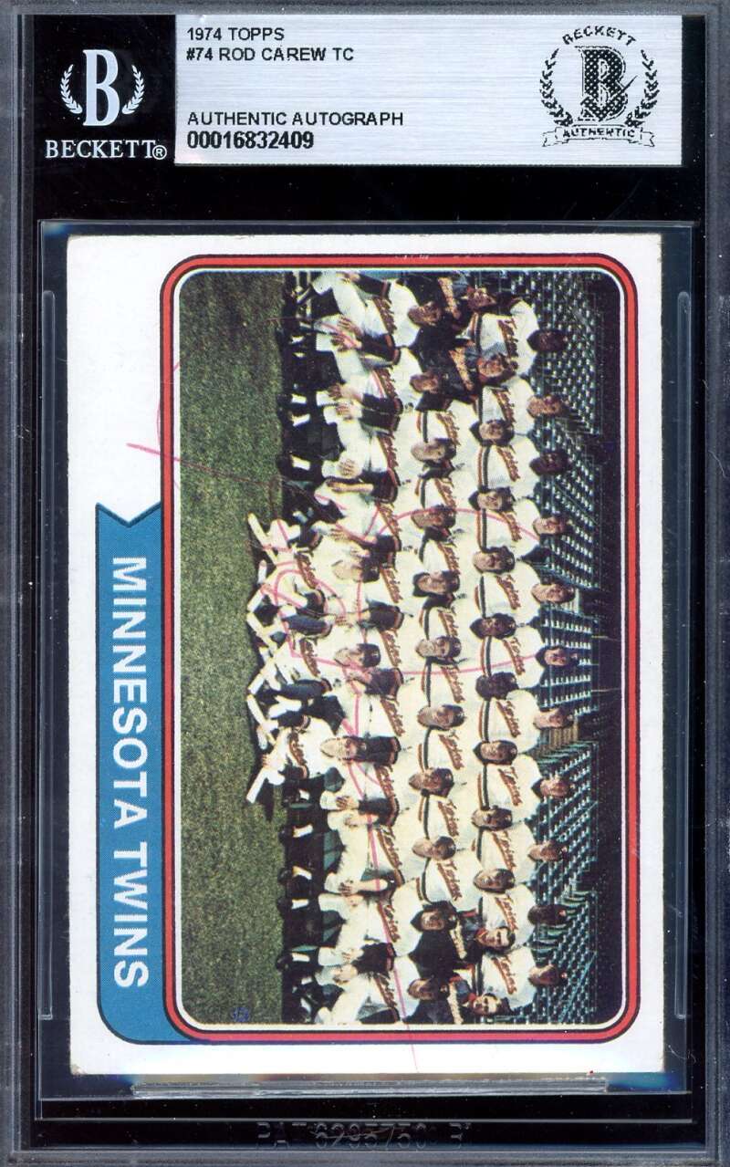 Rod Carew Beckett BAS Signed 1974 Topps Team Autograph