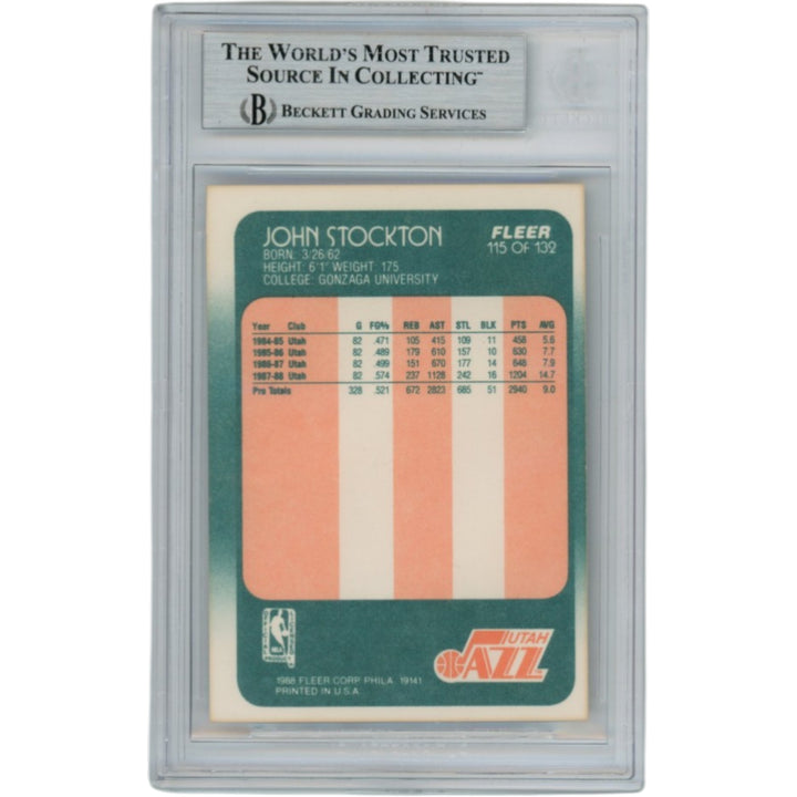 John Stockton Autographed 1988 Fleer #115 Slabbed Trading Card Beckett 53114