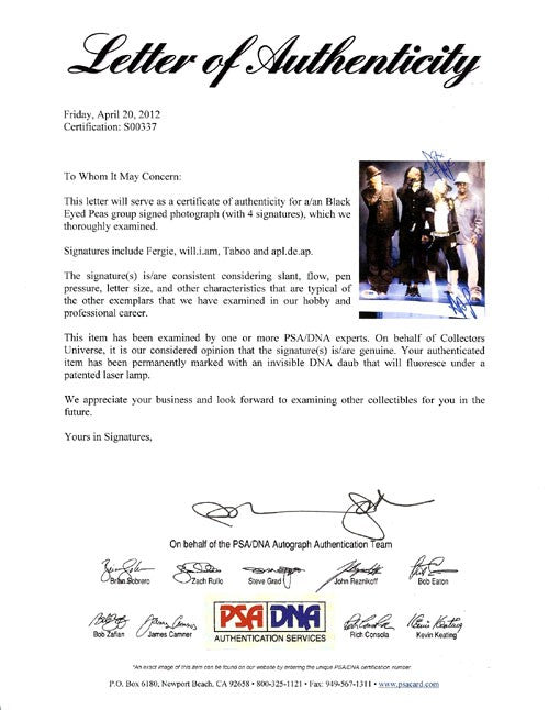Black Eyed Peas Auto 8x10 Photo Fergie, will.i.am, Taboo & apl.de.ap PSA/DNA